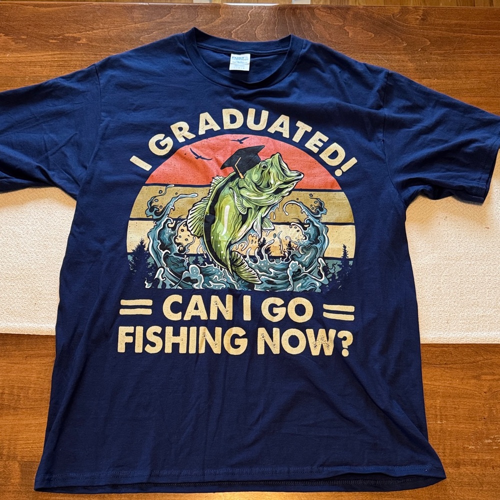 Navy Blue 'I Graduated! Can I Go Fishing Now?' T-Shirt